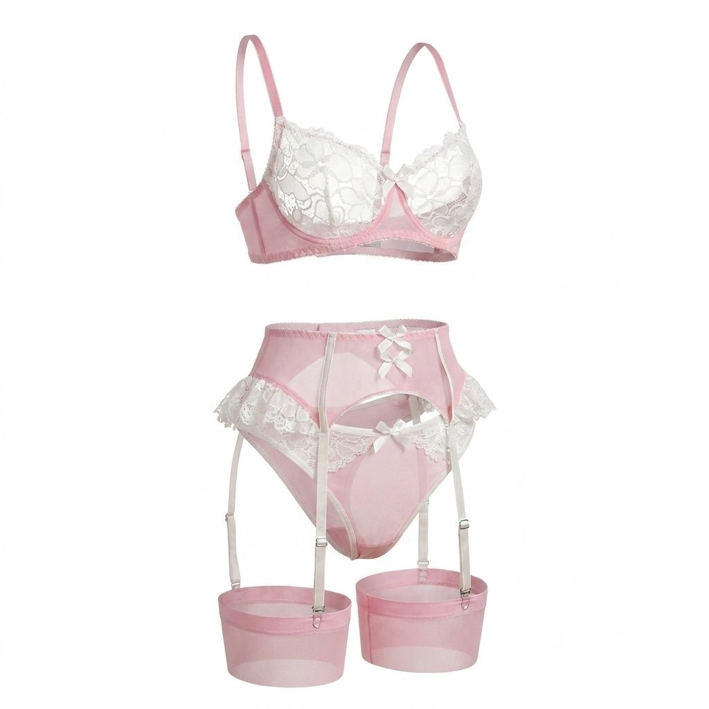 Lace Trim Balconette Bra 4 Piece Lingerie Set - AR UNIVERSALghntshLingerie Sets