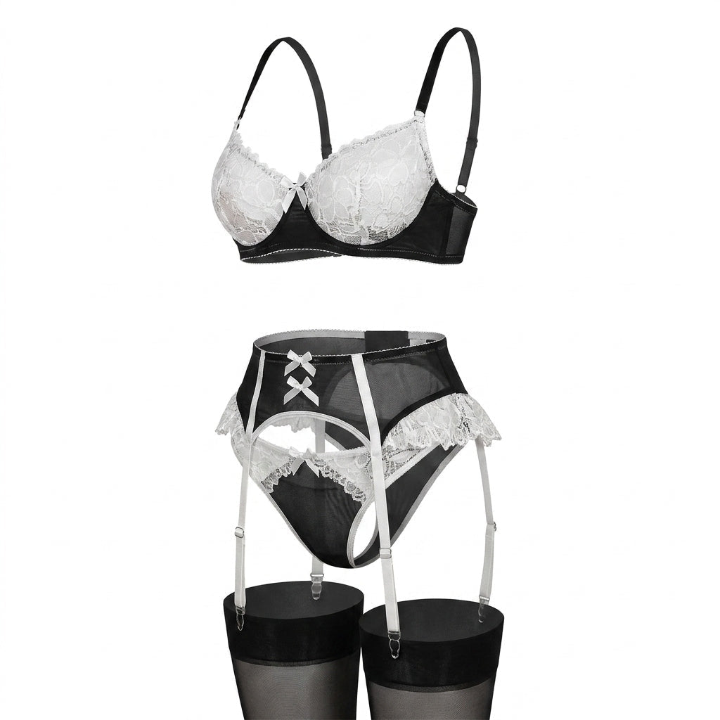 Lace Trim Balconette Bra 4 Piece Lingerie Set - AR UNIVERSALghntshLingerie Sets