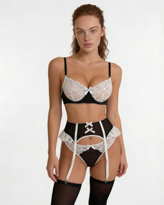 Lace Trim Balconette Bra 4 Piece Lingerie Set