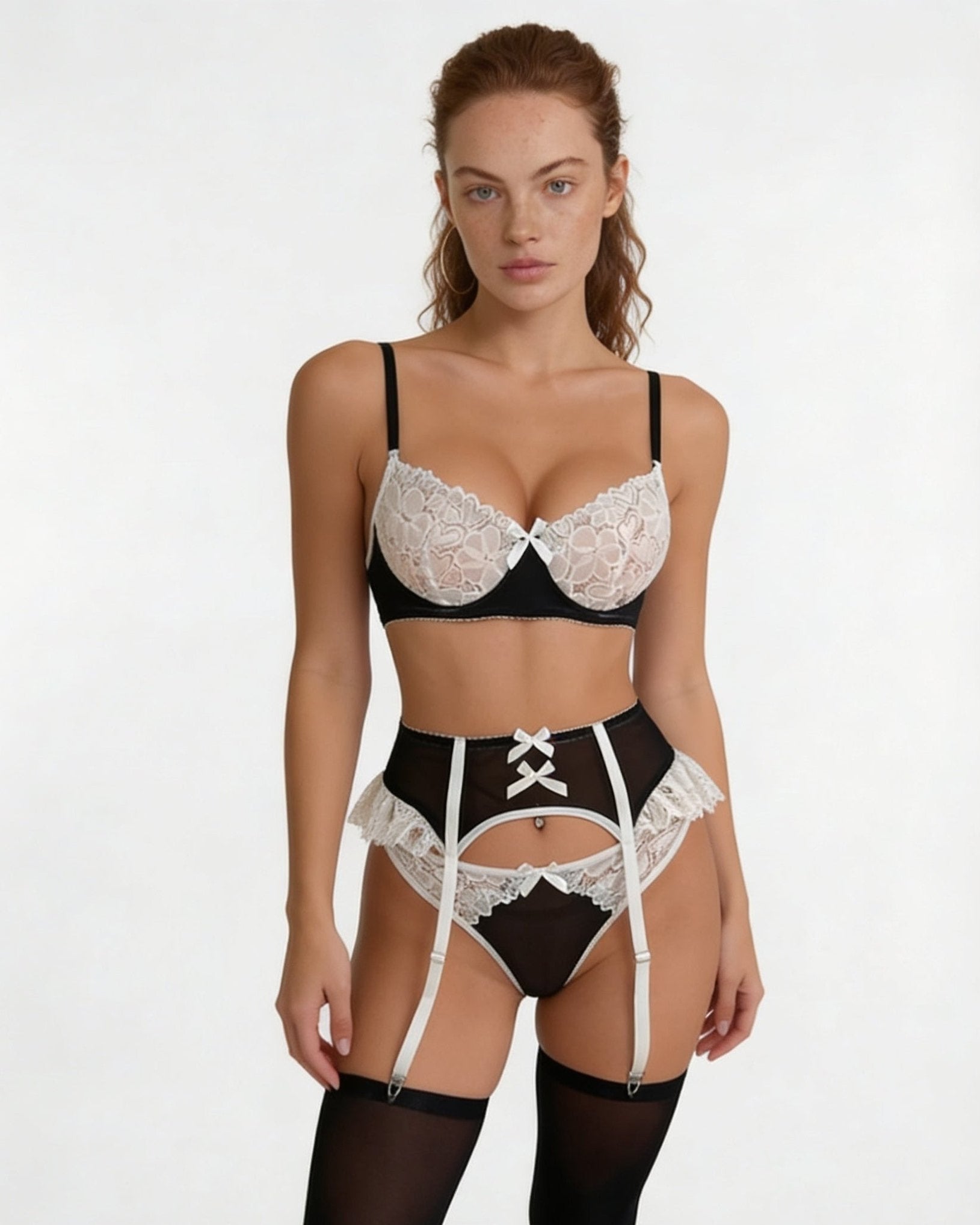 Lace Trim Balconette Bra 4 Piece Lingerie Set - AR UNIVERSALghntshLingerie Sets