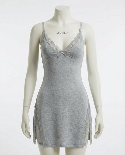 Lace Trim Chemise With High Side Slits