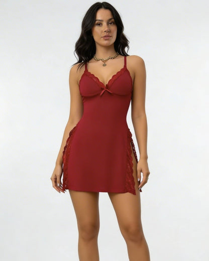 Lace Trim Chemise With High Side Slits