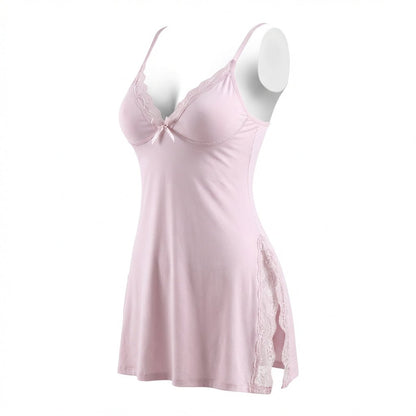 Lace Trim Chemise With High Side Slits