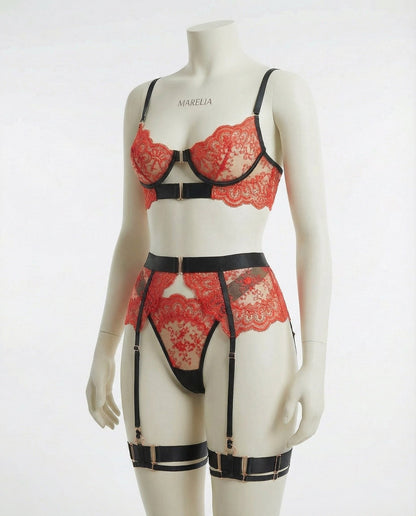 Lace Underwire Bra And Brief Set With Garter Accessories