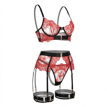 Lace Underwire Bra And Brief Set With Garter Accessories