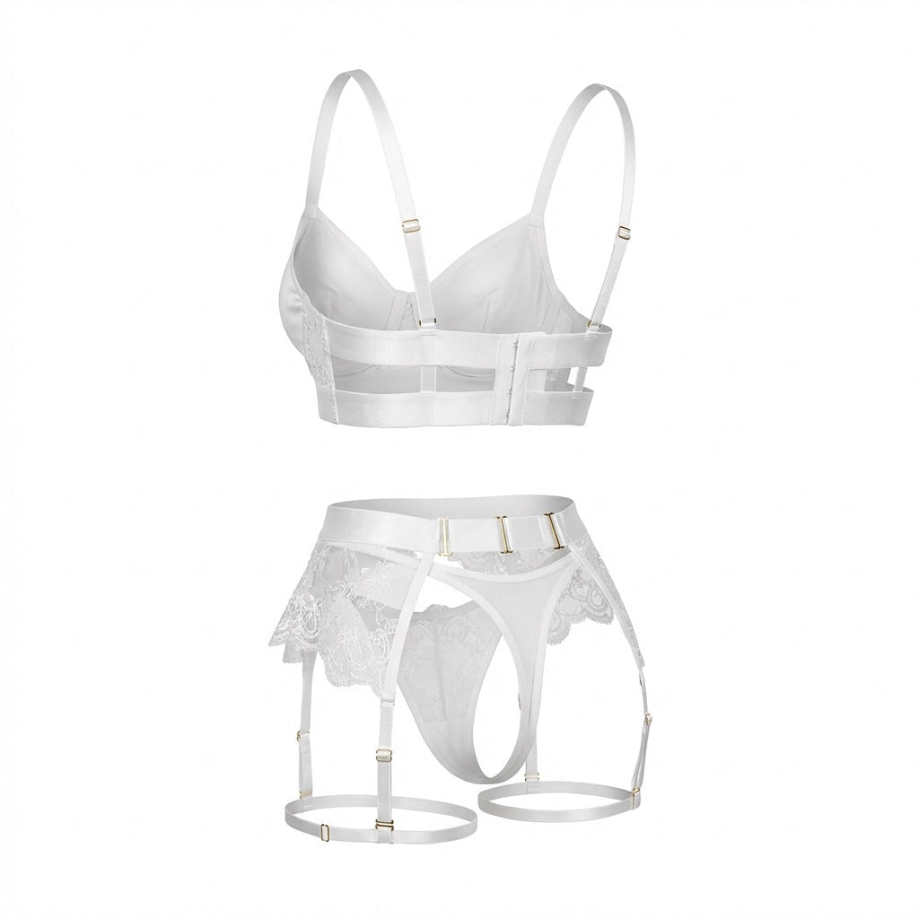 Lace Underwire Bra And Brief Set With Garter Accessories