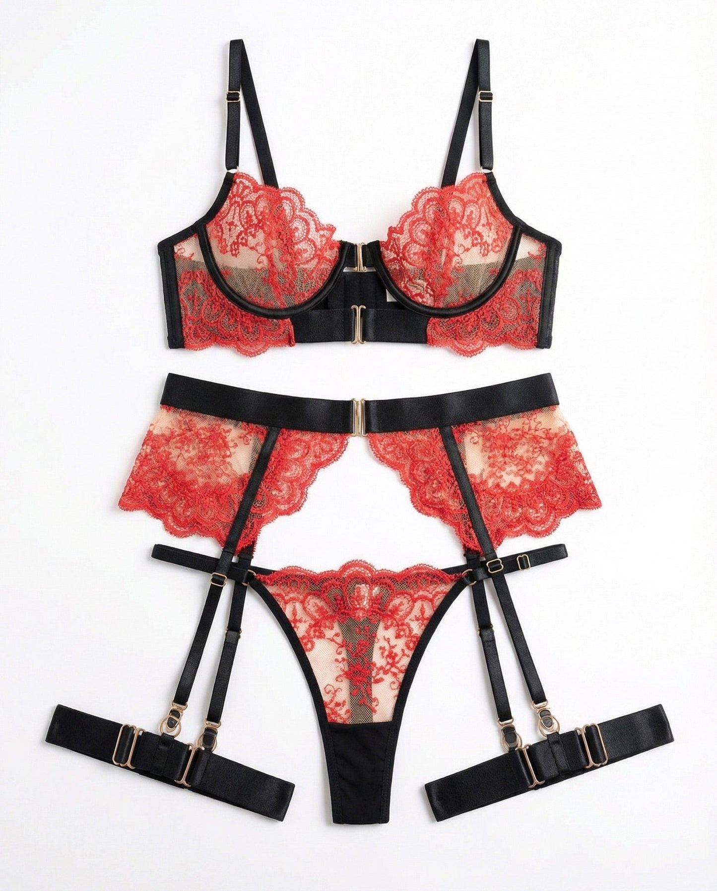 Lace Underwire Bra And Brief Set With Garter Accessories