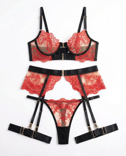 Lace Underwire Bra And Brief Set With Garter Accessories