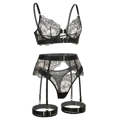Lace Underwire Bra And Brief Set With Garter Accessories