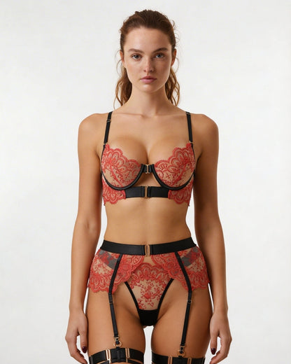 Lace Underwire Bra And Brief Set With Garter Accessories