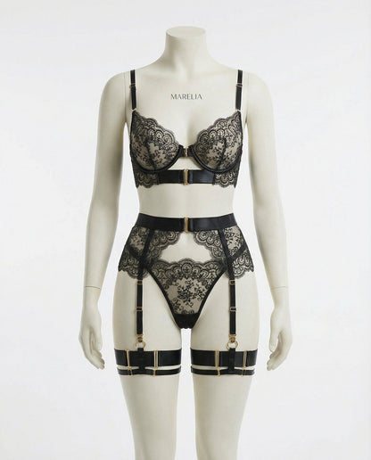 Lace Underwire Bra And Brief Set With Garter Accessories