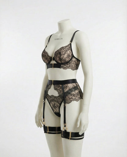 Lace Underwire Bra And Brief Set With Garter Accessories