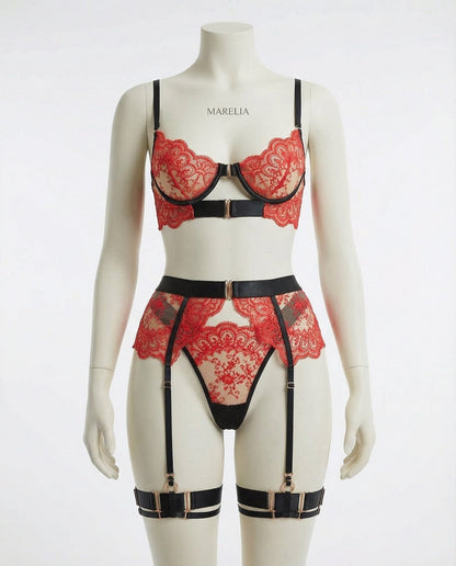 Lace Underwire Bra And Brief Set With Garter Accessories