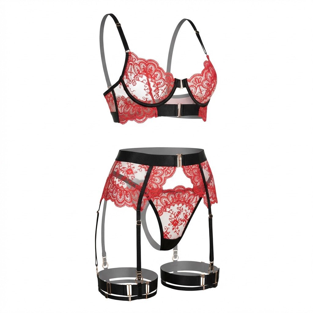 Lace Underwire Bra and High-Waist Brief Set with Lingerie Garter - AR UNIVERSALghntshLingerie Set