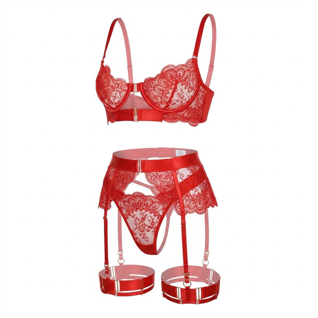 Lace Underwire Bra and High-Waist Brief Set with Lingerie Garter - AR UNIVERSALghntshLingerie Set