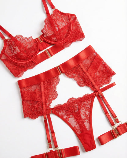 Lace Underwire Bra And Brief Set With Garter Accessories