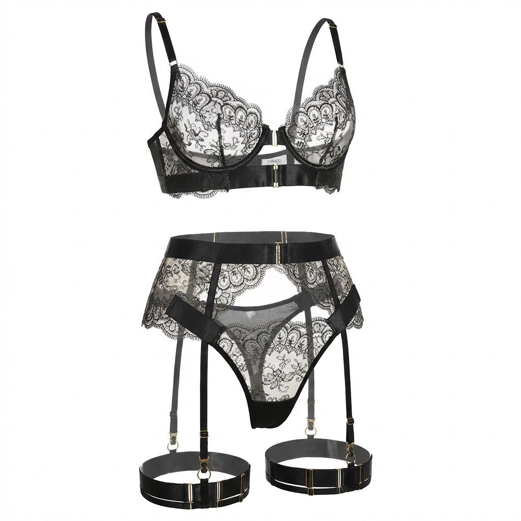 Lace Underwire Bra and High-Waist Brief Set with Lingerie Garter - AR UNIVERSALghntshLingerie Set