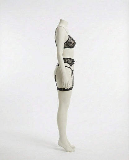 Lace Underwire Bra Suspender Belt And Thong Set