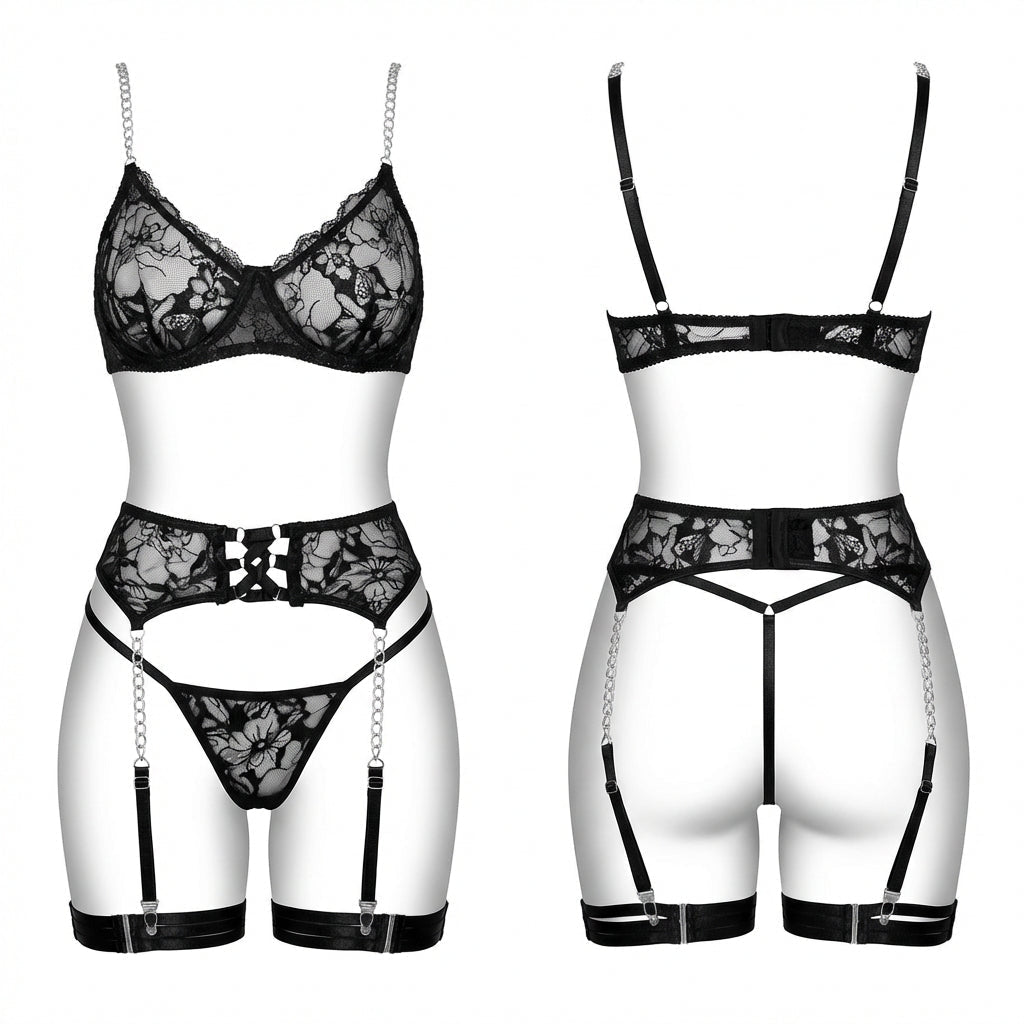 Lace Underwire Bra Suspender Belt And Thong Set