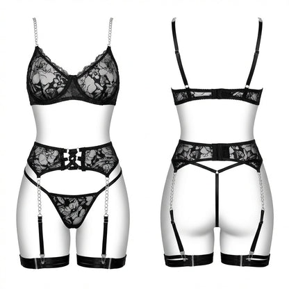 Lace Underwire Bra Suspender Belt And Thong Set