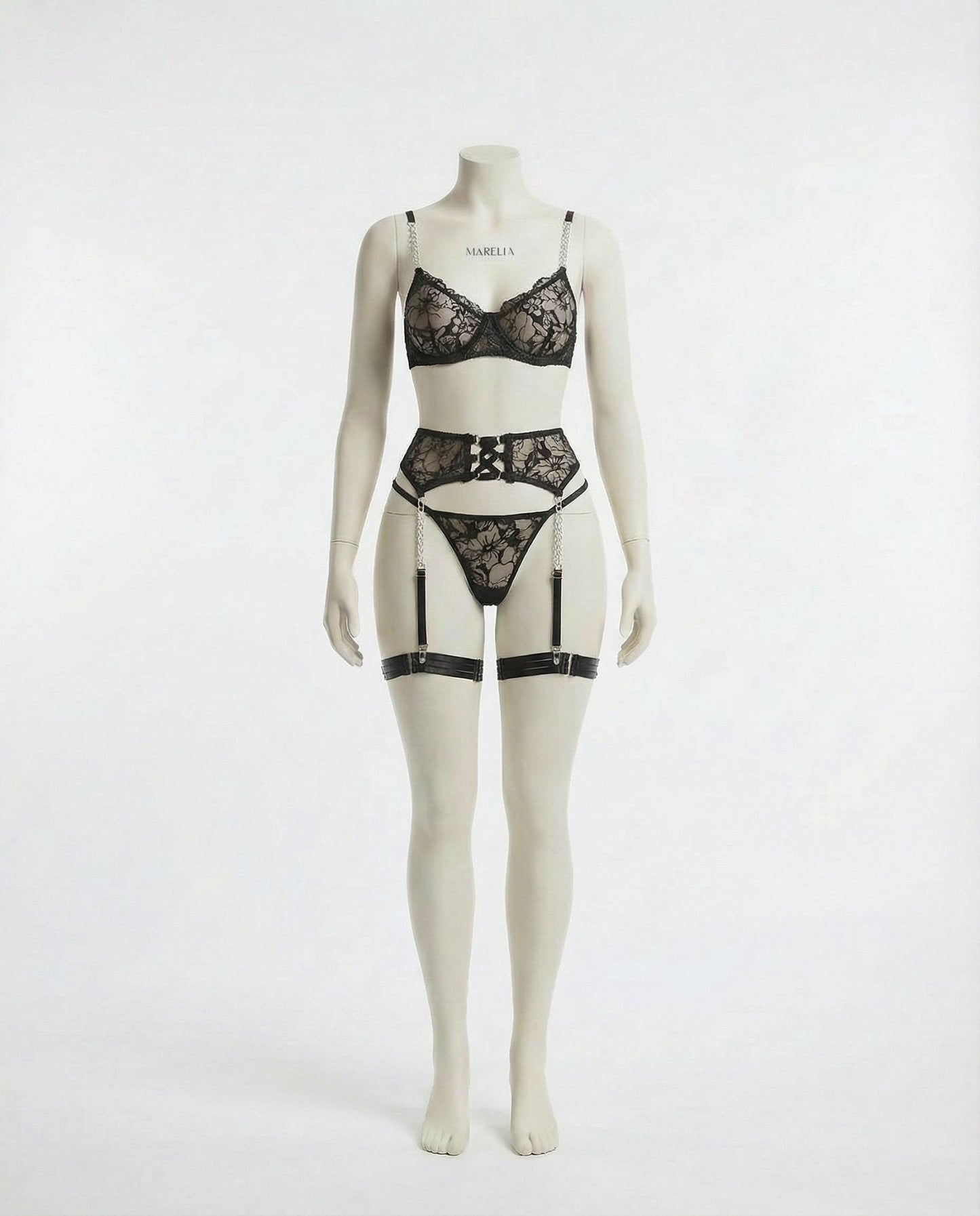 Lace Underwire Bra Suspender Belt And Thong Set