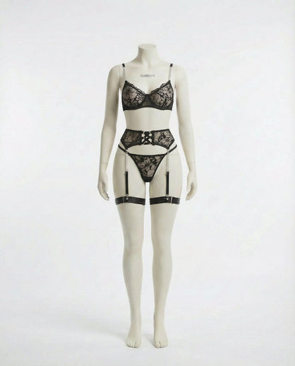 Lace Underwire Bra Suspender Belt And Thong Set
