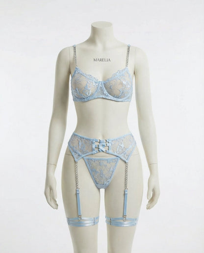 Lace Underwire Bra Suspender Belt And Thong Set