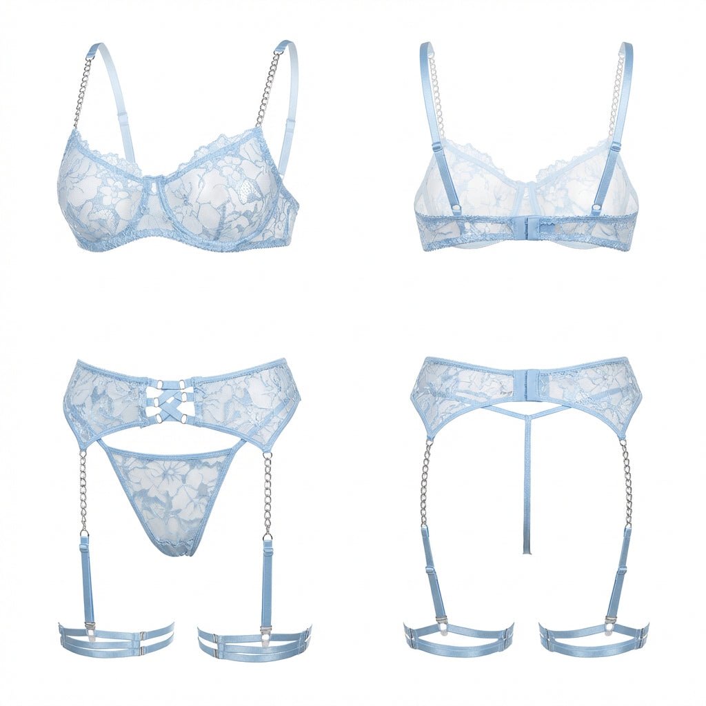 Lace Underwire Bra Suspender Belt And Thong Set