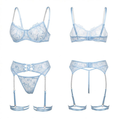 Lace Underwire Bra Suspender Belt And Thong Set