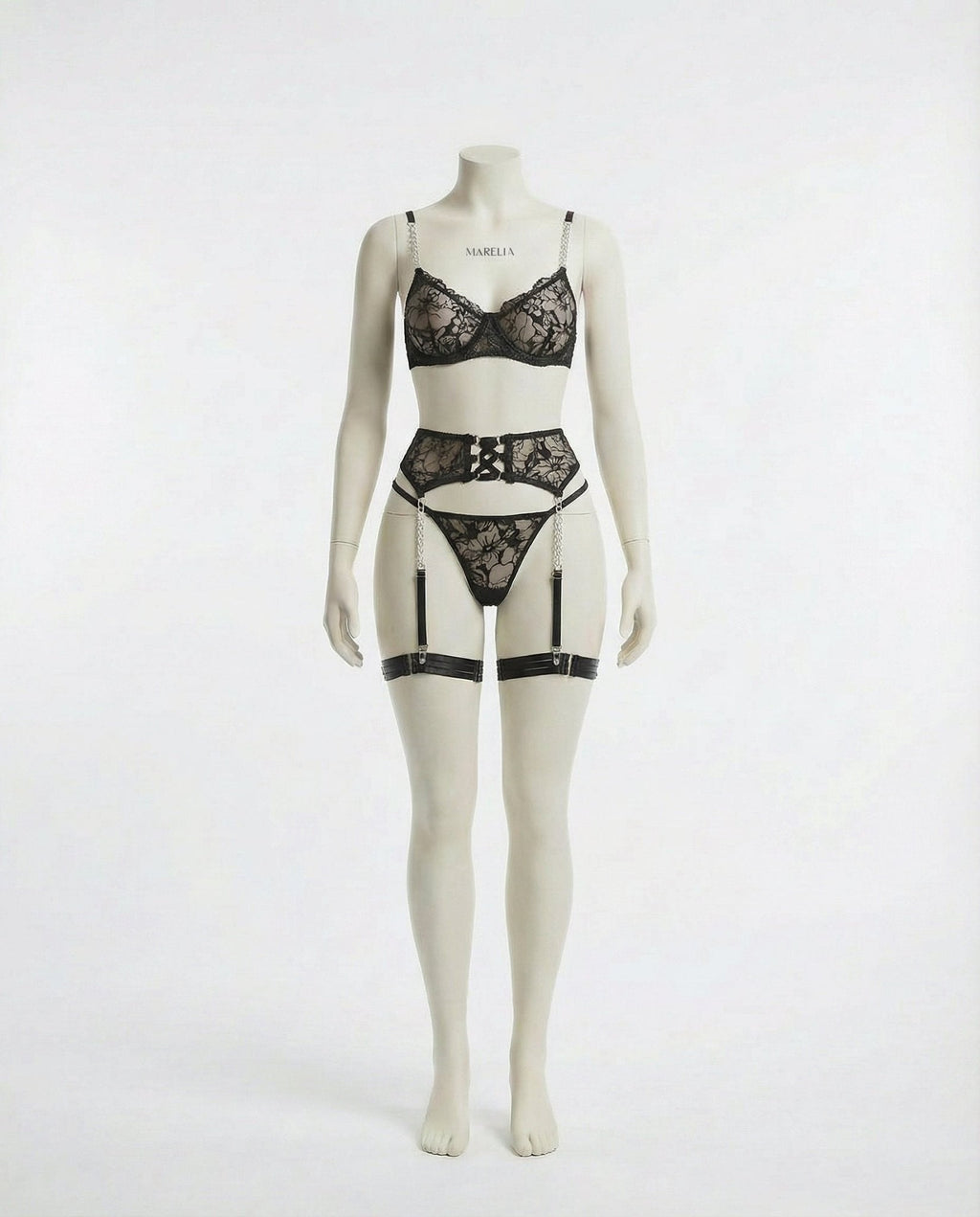 Lace Lingerie Set with Underwire Bra, Suspender Belt, and Thong - AR UNIVERSALghntshLingerie Set