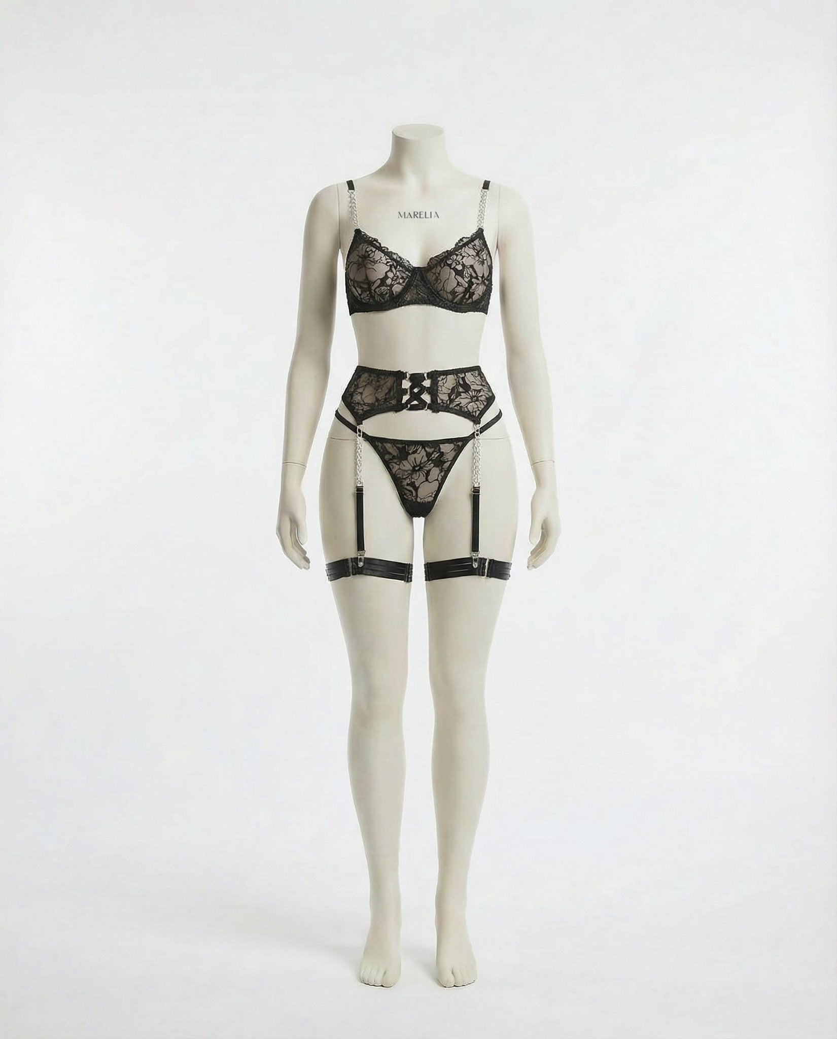 Lace Lingerie Set with Underwire Bra, Suspender Belt, and Thong - AR UNIVERSALghntshLingerie Set