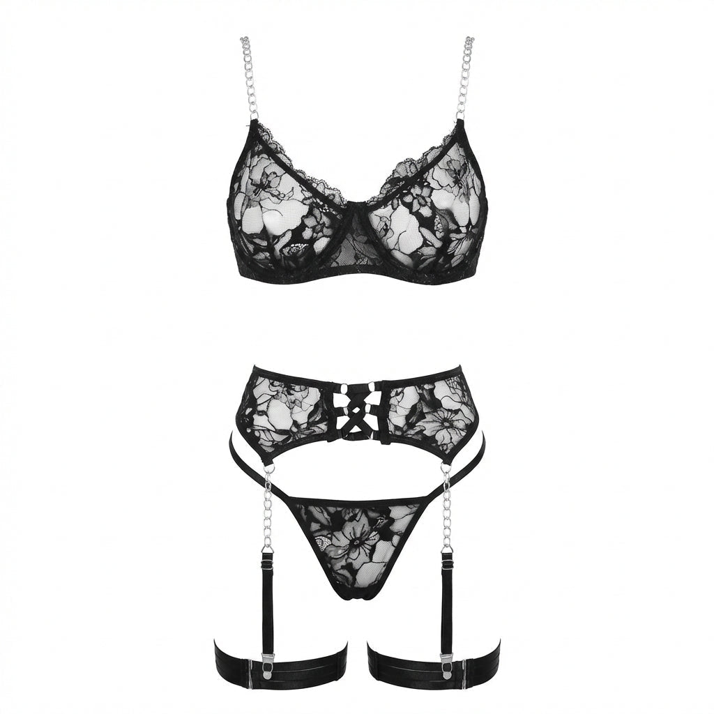 Lace Underwire Bra Suspender Belt And Thong Set