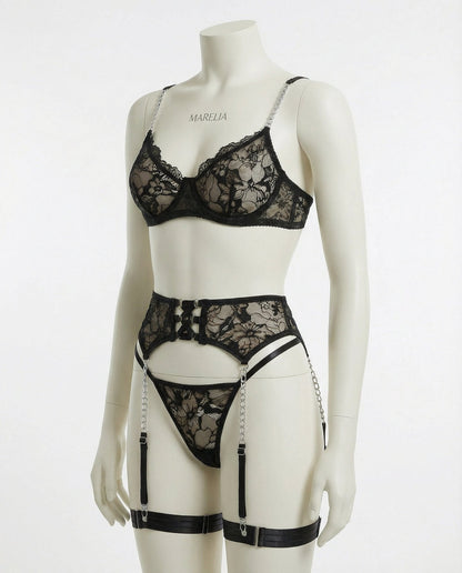 Lace Underwire Bra Suspender Belt And Thong Set