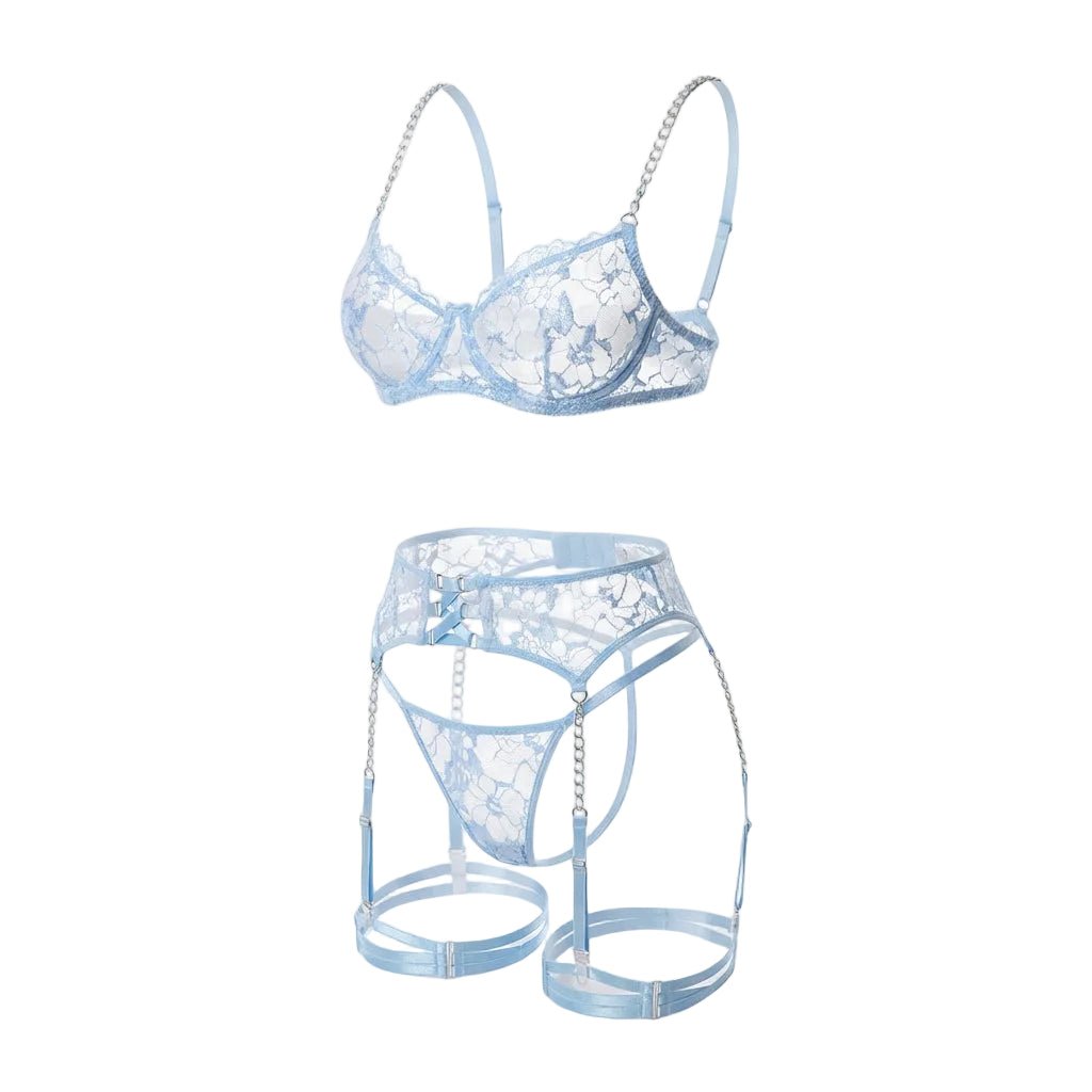 Lace Underwire Bra Suspender Belt And Thong Set