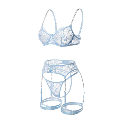 Lace Underwire Bra Suspender Belt And Thong Set