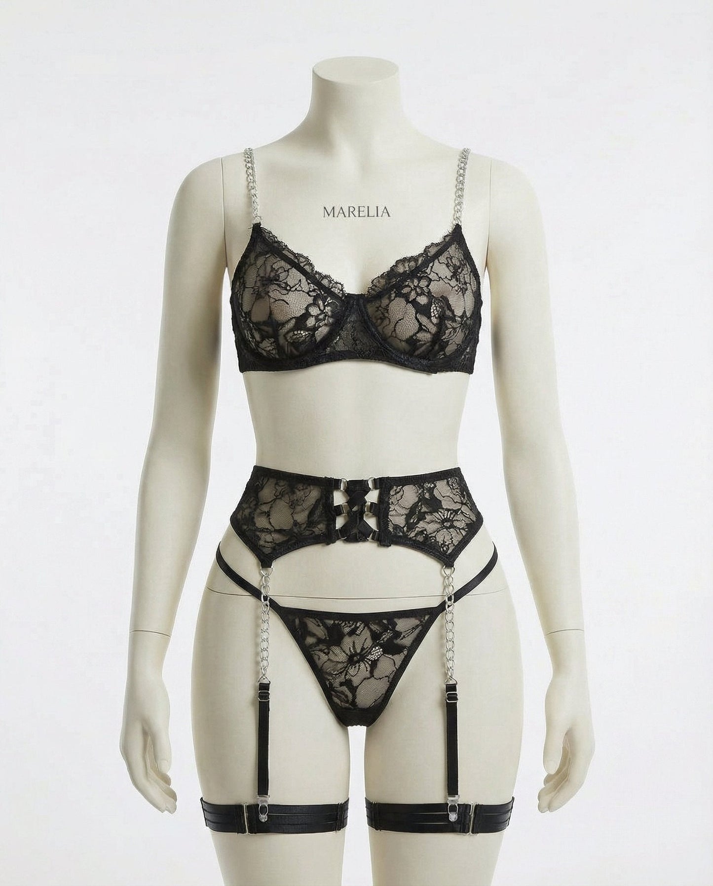 Lace Underwire Bra Suspender Belt And Thong Set
