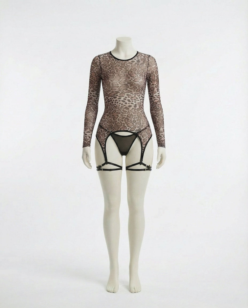 Leopard Print Mesh Bodysuit With Garter Straps And Thong Set - AR UNIVERSALghntshLingerie Set