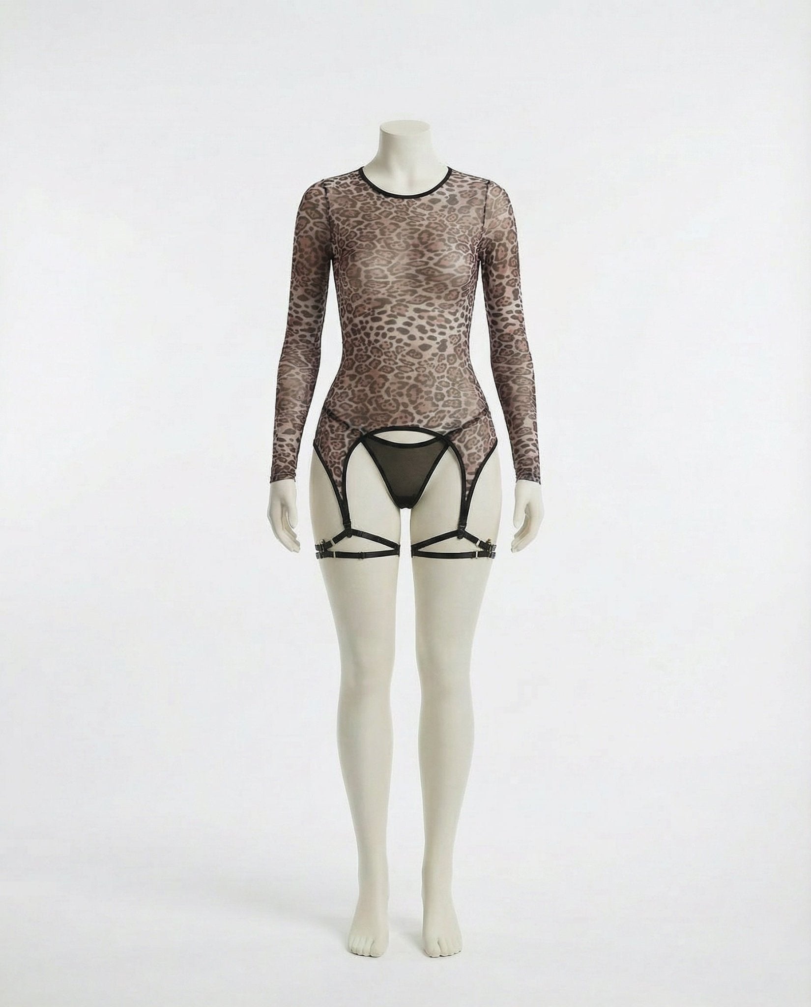Leopard Print Mesh Bodysuit With Garter Straps And Thong Set - AR UNIVERSALghntshLingerie Set