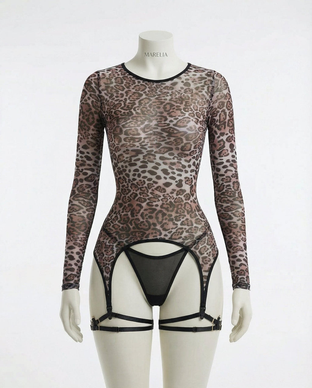 Leopard Print Mesh Bodysuit With Garter Straps And Thong Set - AR UNIVERSALghntshLingerie Set