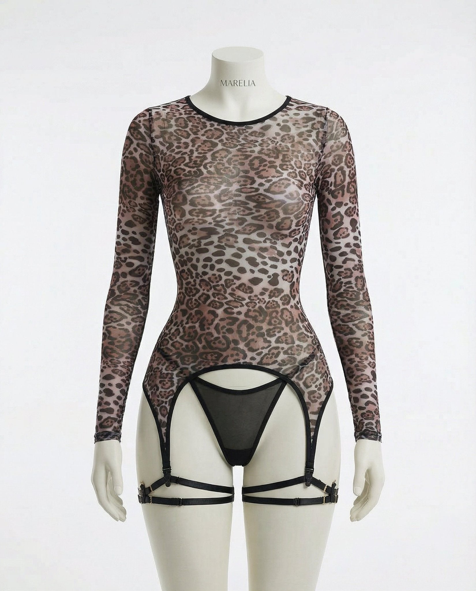 Leopard Print Mesh Bodysuit With Garter Straps And Thong Set - AR UNIVERSALghntshLingerie Set