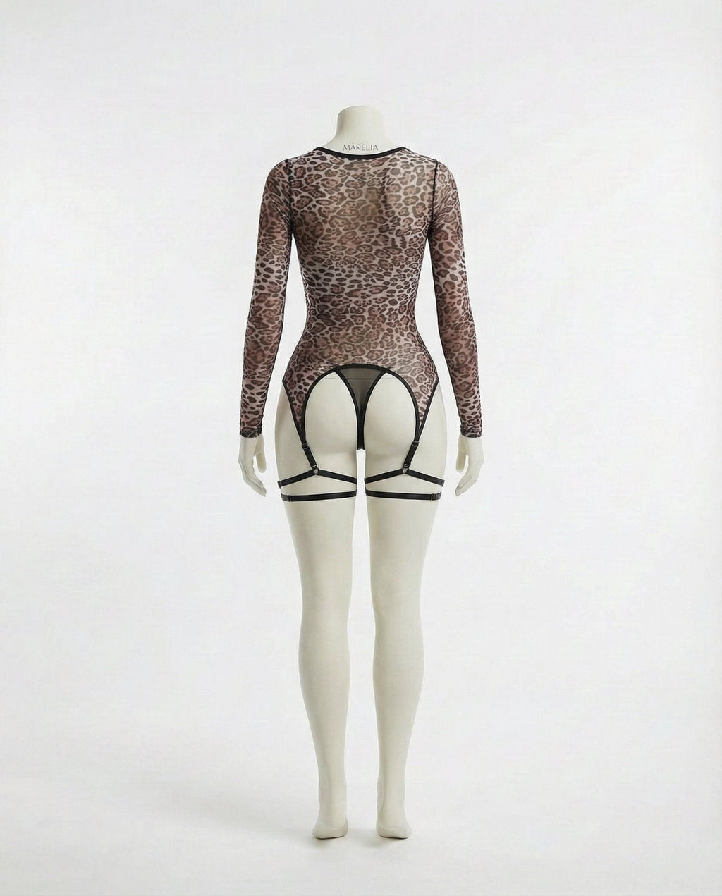Leopard Print Mesh Bodysuit With Garter Straps And Thong Set - AR UNIVERSALghntshLingerie Set
