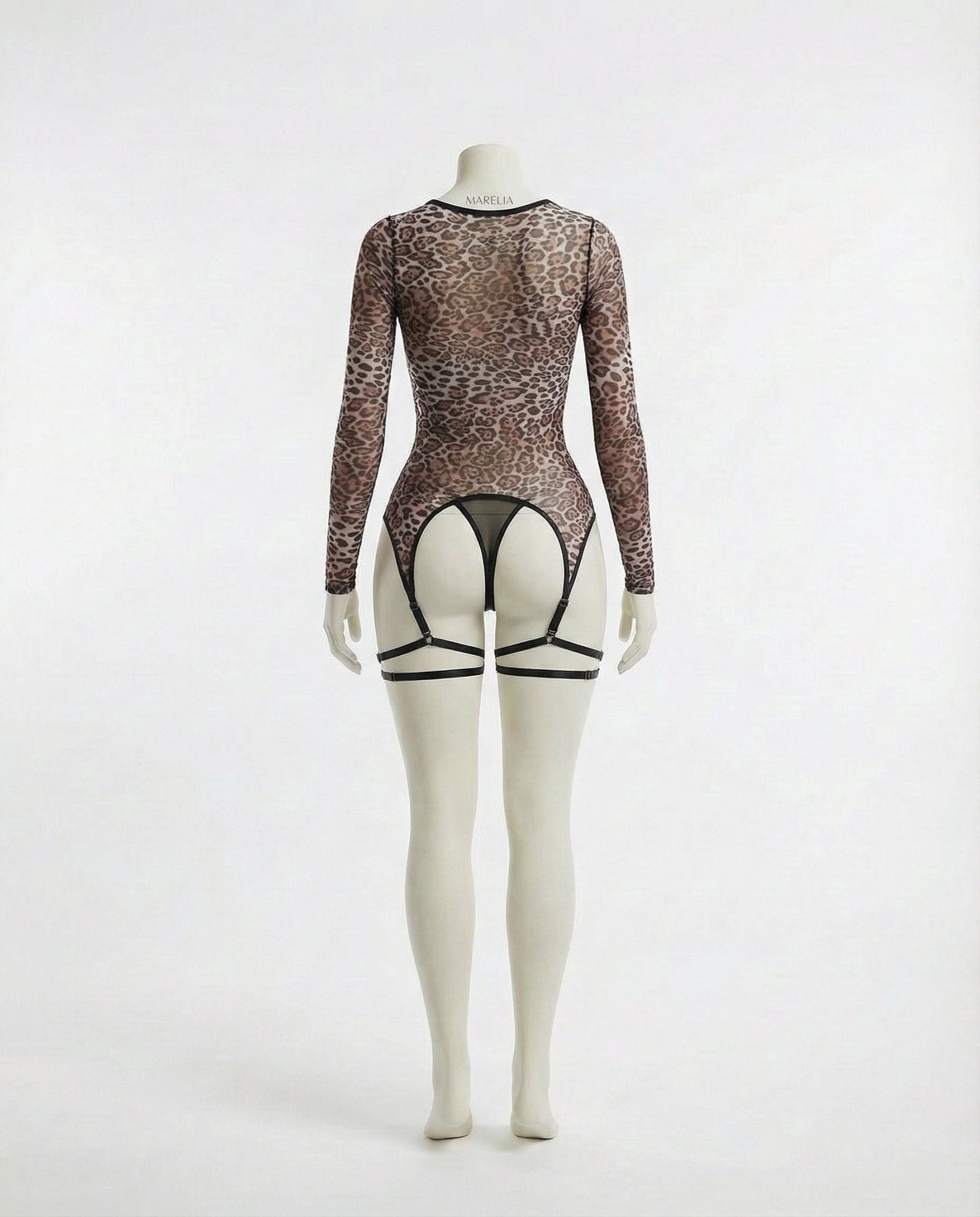 Leopard Print Mesh Bodysuit With Garter Straps And Thong Set - AR UNIVERSALghntshLingerie Set