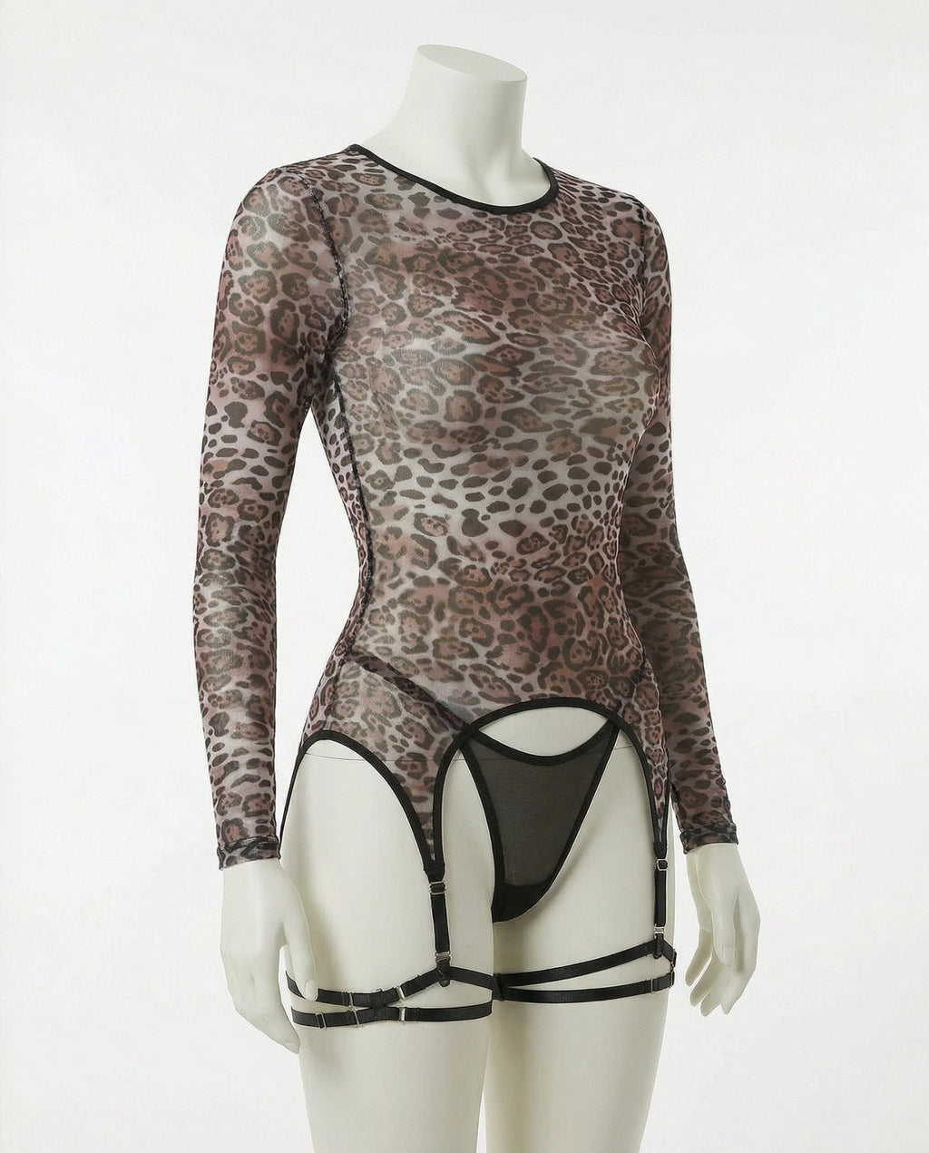 Leopard Print Mesh Bodysuit With Garter Straps And Thong Set - AR UNIVERSALghntshLingerie Set