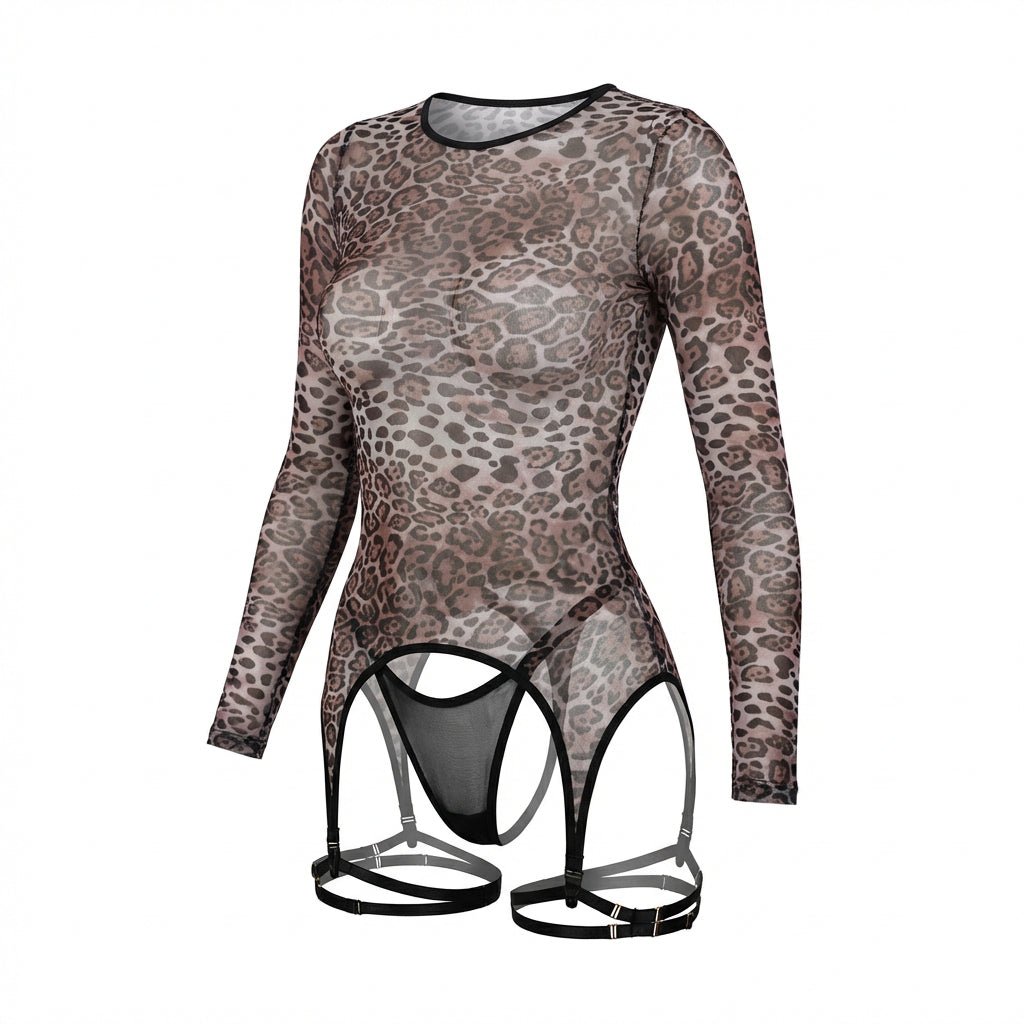 Leopard Print Mesh Bodysuit With Garter Straps And Thong Set - AR UNIVERSALghntshLingerie Set