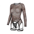 Leopard Print Mesh Bodysuit With Garter Straps And Thong Set - AR UNIVERSALghntshLingerie Set