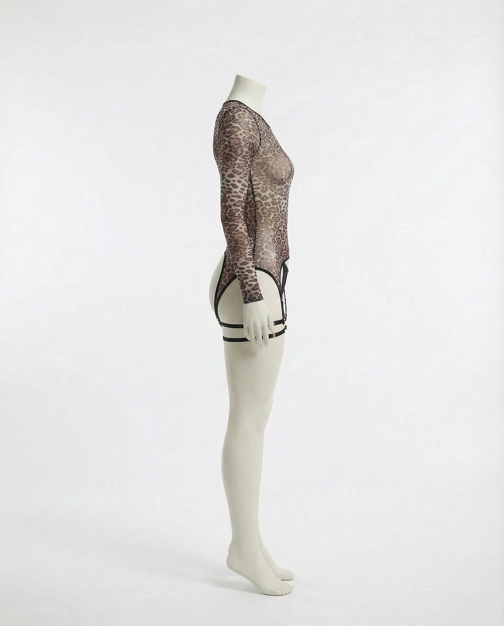 Leopard Print Mesh Bodysuit With Garter Straps And Thong Set - AR UNIVERSALghntshLingerie Set