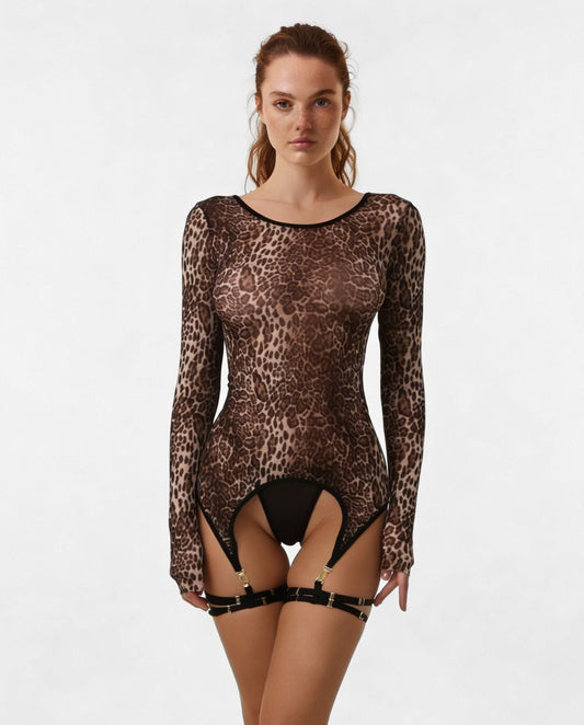 Leopard Print Mesh Bodysuit With Garter Straps And Thong Set