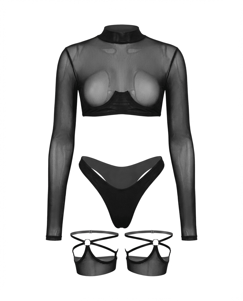 Long Sleeve Mesh Set With Brief And Stockings - AR UNIVERSALghntshLingerie Set