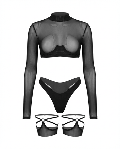 Long Sleeve Mesh Set With Brief And Stockings