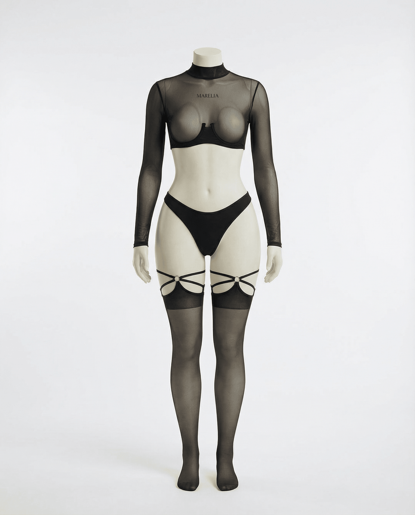 Long Sleeve Mesh Set With Brief And Stockings
